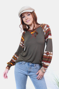 Celeste Earthy Color Block Aztec Long Sleeve Top