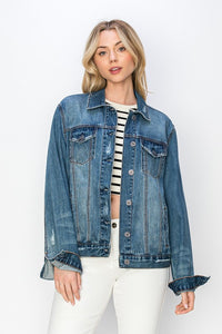 RISEN Dark Blue Washed Distressed Denim Jacket