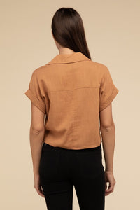 Hyfve Cuffed Sleeve Collared Cropped Linen Top