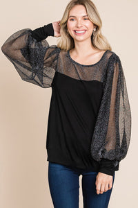 Super Lady Black Sheer Metallic Lantern Sleeve Knit Top