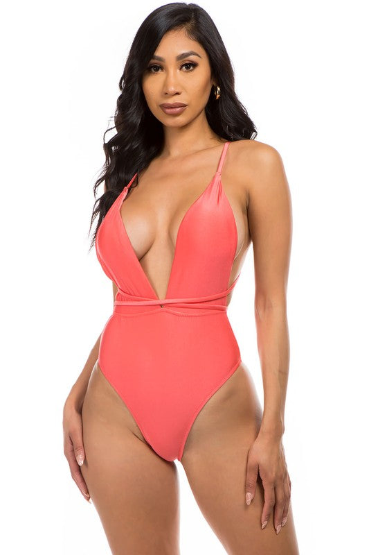 Mermaid Swimwear Crisscross Tie Back Deep V One Piece Swimsuit