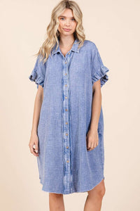 Mittoshop Blue Mineral Washed Cotton Gauze Mini Shirt Dress