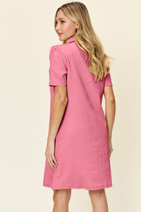 Double Take Solid Color Textured Collared Short Sleeve Dress