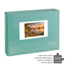 Carica l'immagine nel visualizzatore di Gallery, Uncharted 500 piece wooden jigsaw puzzle featuring a woman stepping into a boat with a map on a peaceful lake at sunrise.
