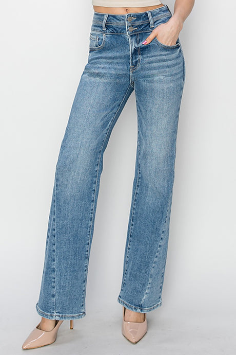 RISEN High Waisted Two Tone Block Blue Denim Straight Leg Jeans