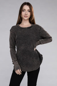 Zenana Mineral Washed Long Sleeve Soft Waffle Knit Top