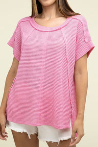 Zenana Brushed Waffle Exposed Seam Short Sleeve Top