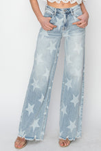 Load image into Gallery viewer, RISEN Star Pattern Raw Hem Wide Leg Blue Denim Jeans
