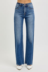 RISEN Tummy Control High Rise Raw Hem Blue Denim Jeans