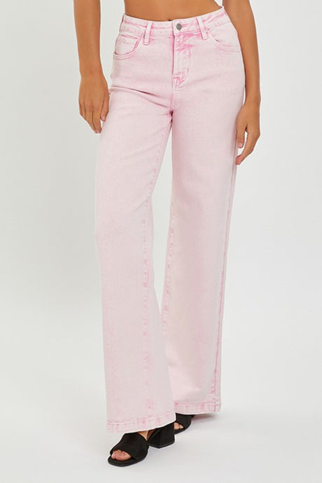RISEN High Waisted Tummy Control Wide Leg Pink Washed Denim Jeans
