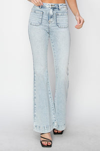 Risen Patch Pocket Flared Leg Light Blue Washed Denim Jeans