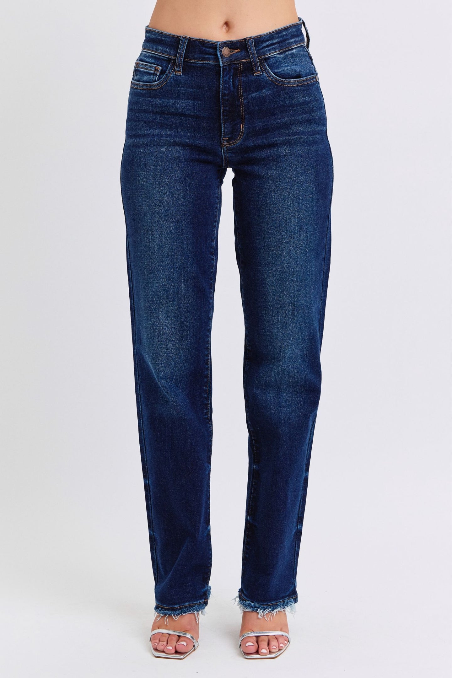 Judy Blue Raw Hem Dark Blue Denim Straight Leg Jeans