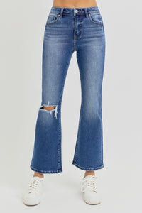 RISEN High Rise Distressed Crop Flared Leg Blue Denim Jeans