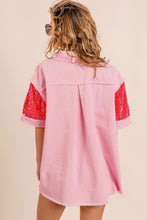 Load image into Gallery viewer, BiBi Colorblock Sequin Embellished Raw Hem Short Sleeve Top
