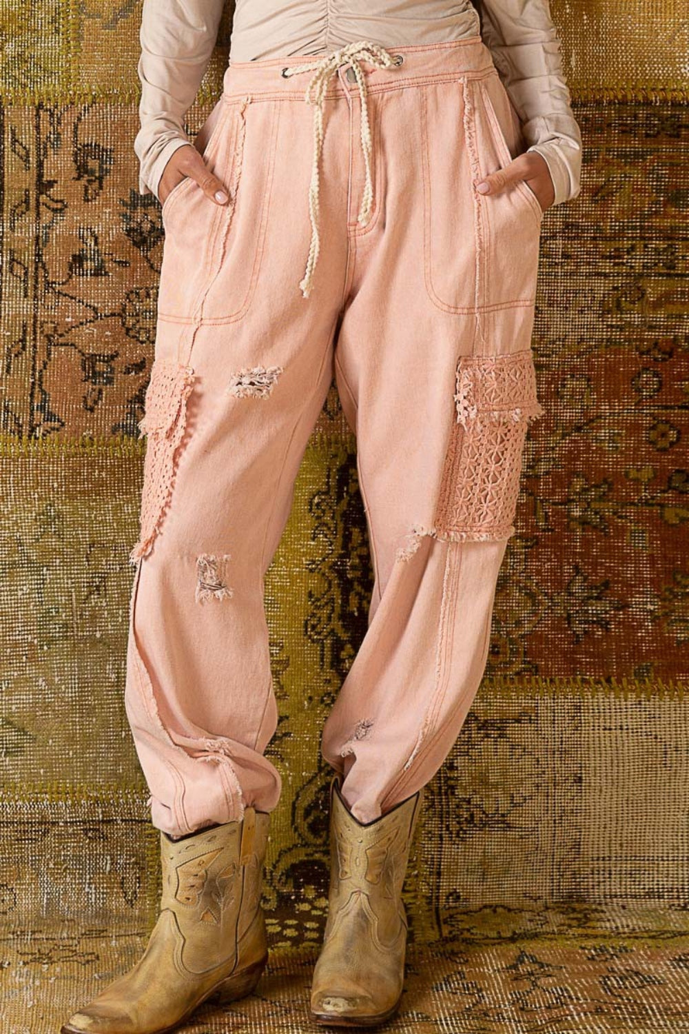 POL Coral Haze Distressed Cargo Denim Jogger