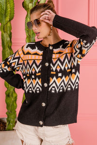 BiBi Ethnic Pattern Button Down Knit Cardigan