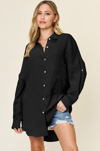 Double Take Textured Color Block Button Down Shirt