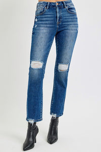 RISEN High Rise Distressed Crop Straight Leg Blue Denim Jeans