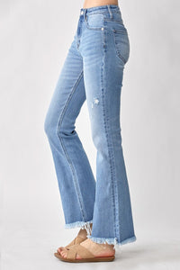 RISEN High Rise Frayed Hem Blue Denim Bootcut Jeans