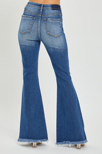 RISEN High Rise Front Slit Frayed Hem Flared Leg Blue Wash Denim Jeans