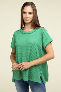 Zenana Brushed Waffle Exposed Seam Short Sleeve Top