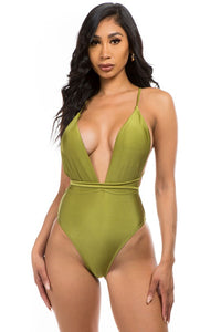 Mermaid Swimwear Crisscross Tie Back Deep V One Piece Swimsuit