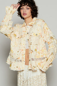 POL Yellow Raw Hem Lace Patch Flounce Sleeve Jacket