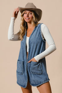 BiBi Braided Trim Open Front Blue Denim Vest