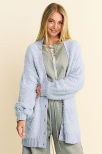 Davi & Dani Blue Ribbed Hem Button Down Longline Cardigan