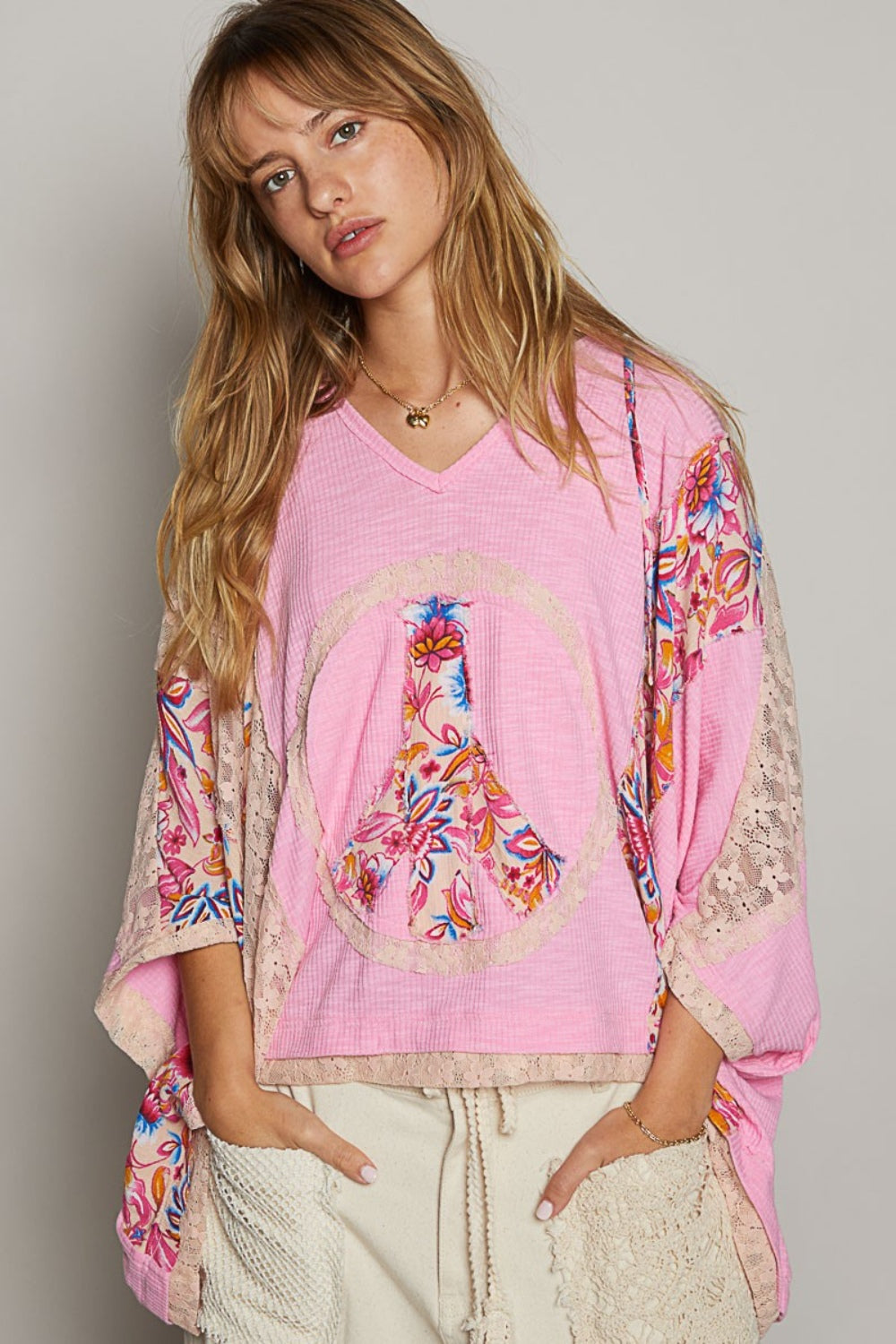 POL V-Neck Floral Print Peace Patch Lace Hooded Top