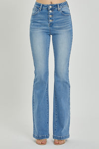 RISEN High Rise Button Fly Blue Wash Denim Bootcut Jeans