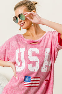BiBi Washed American Flag Graphic Distressed T-Shirt Top