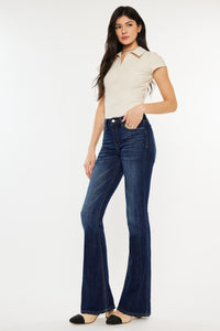 Kancan Mid Rise Dark Blue Washed Denim Flared Leg Jeans