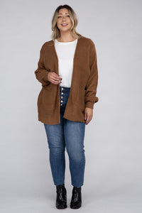 Zenana Plus Size Open Front Waffle Knit Cardigan