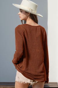 Double Take Solid Color Notched Thumbhole Long Sleeve Top