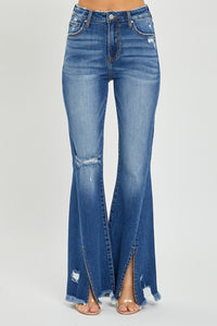 RISEN High Rise Front Slit Frayed Hem Flared Leg Blue Wash Denim Jeans