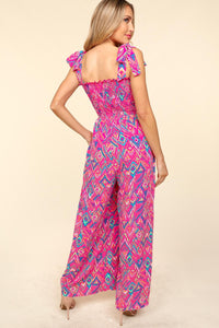 Haptics Multicolor Art Deco Smocked Wide Leg Jumpsuit