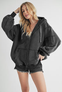 Aemi+Co Black Exposed Seam Zip Up Drawstring Hooded Jacket