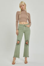 Load image into Gallery viewer, RISEN Distressed Chewed Raw Hem Flared Leg Green Denim Jeans
