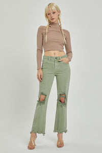 RISEN Distressed Chewed Raw Hem Flared Leg Green Denim Jeans