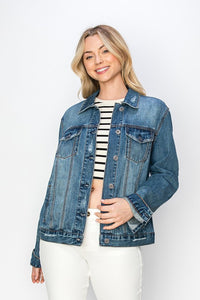 RISEN Dark Blue Washed Distressed Denim Jacket