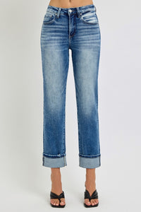 RISEN High Rise Crop Straight Leg Blue Denim Jeans