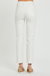 RISEN Mid Rise Tummy Control White Denim Straight Leg Jeans