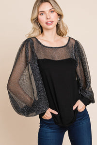 Super Lady Black Sheer Metallic Lantern Sleeve Knit Top