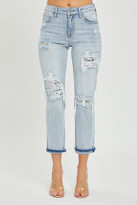 RISEN Mid Rise Sequin Patched Blue Denim Jeans