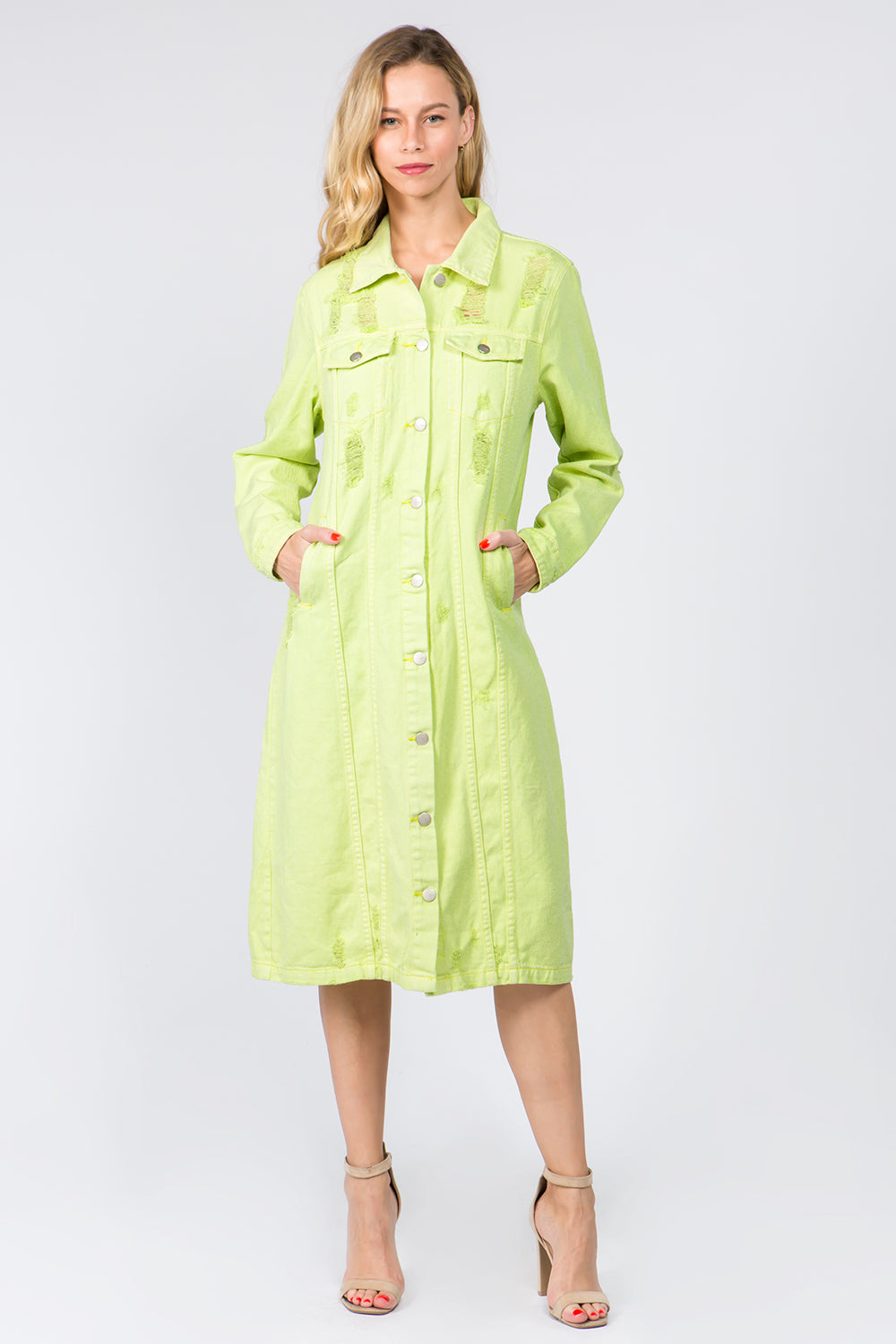 American Bazi Green Button Down Distressed Denim Dress