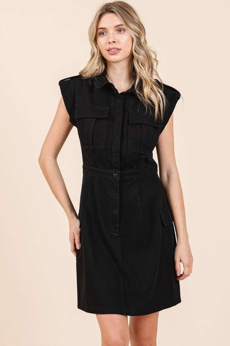 Mittoshop Black Cargo Pocket Half Button Mini Dress