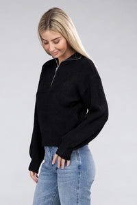 Ambiance Solid Color Pullover Zip Collar Soft Ribbed Knit Top