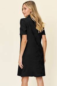 Double Take Solid Color Textured Collared Short Sleeve Dress