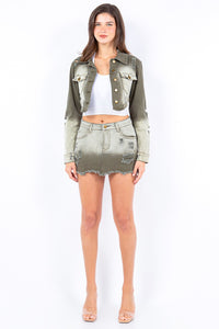 American Bazi Olive Green Washed Ombre Distressed Cropped Denim Jacket